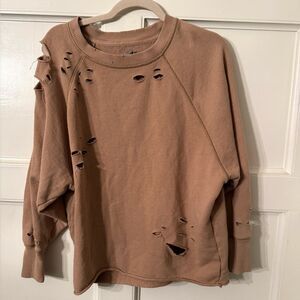 Aerie Distressed Crewneck Sweatshirt Oversized XS Tan Destroyed